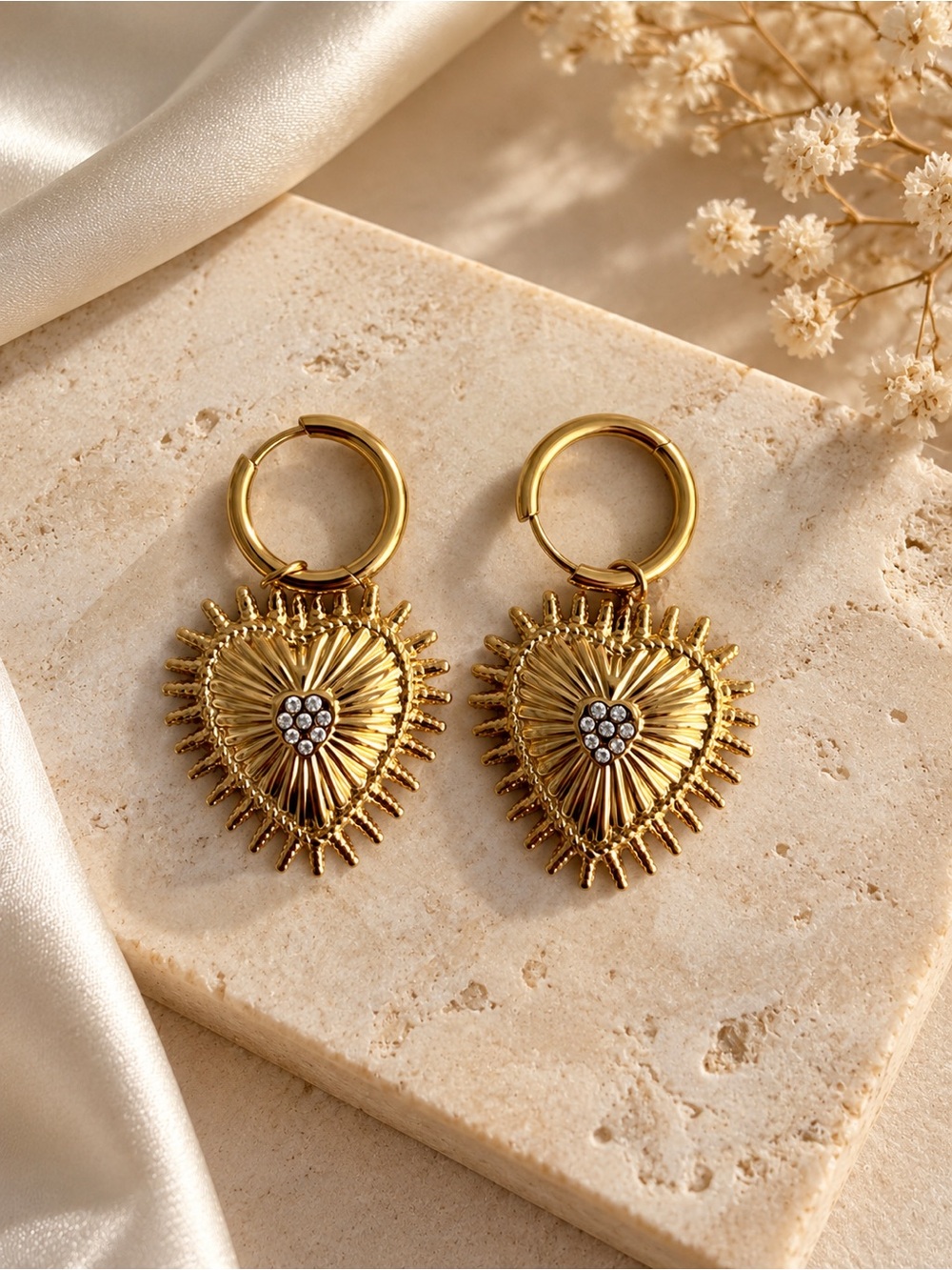 Gold Heart Sunburst Hoop Earrings